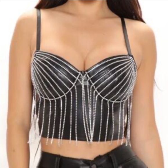 Blashe Tops - Blashe Black Faux Leather Rhinestone Crop Top